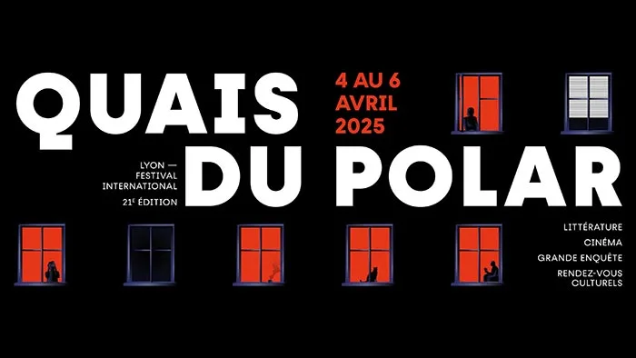 Affiche Quais du Polar pour la 21ème édition du festival international sous la thématique Frontières du 4 au 6 avril 2025.